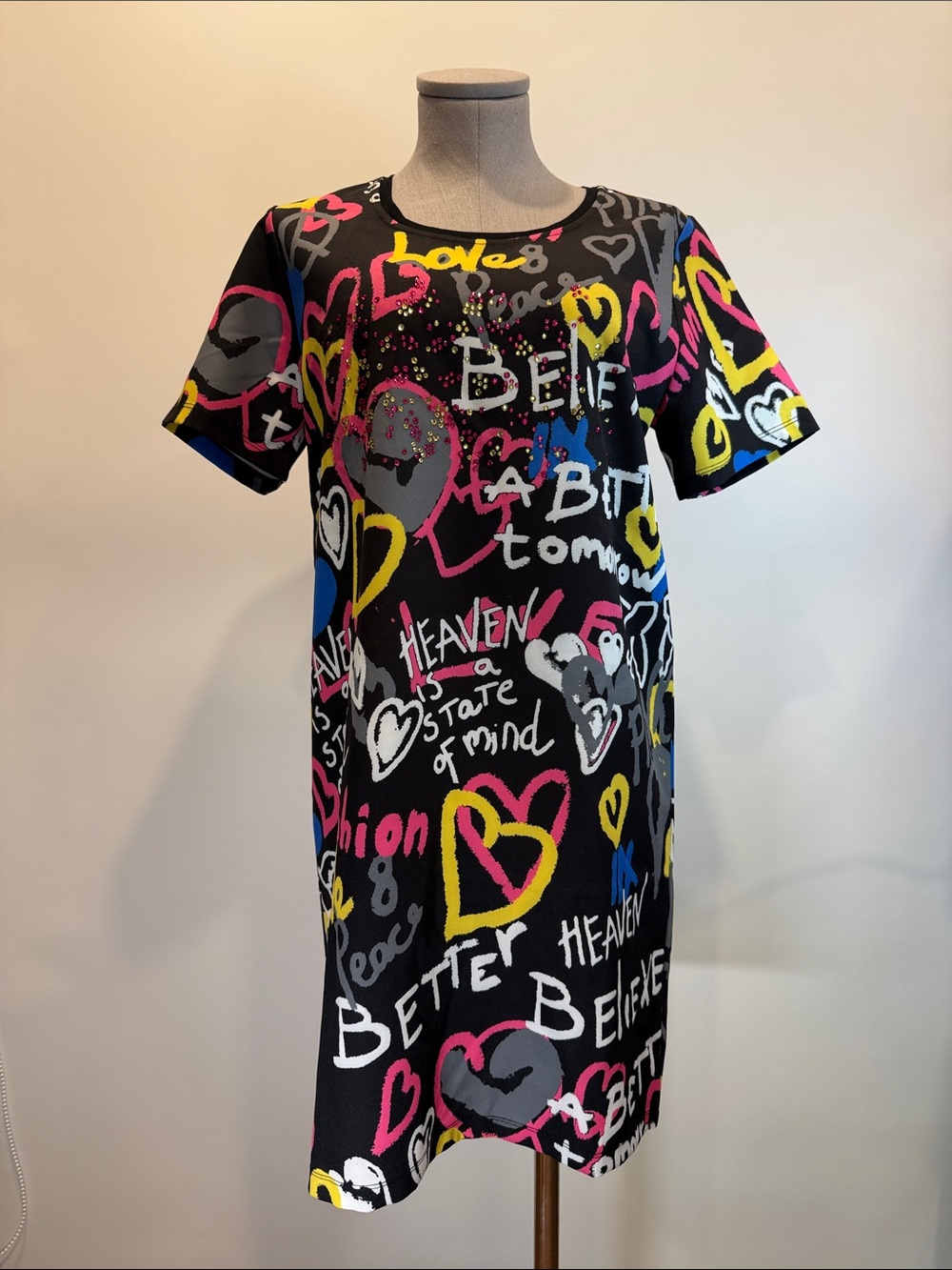 Tricotto Black Graffiti Heart Print Midi Dress with Pink Yellow Blue Accents